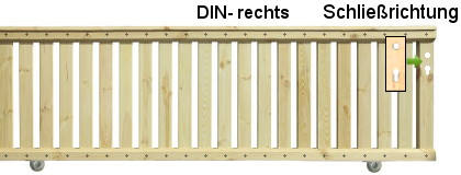 Geländerschiebetor aus kdi Kiefer-Holz, mit vormontierten Laufrollen, von innen betrachtet rechts schließend