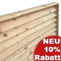 Horizontalzaun-System aus Kieferholz, Nahansicht mit Lamellen, Seitenleiste, sowie obere(n) Handlauf/Abschlussleiste und Mittelsteg.