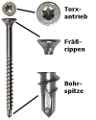 Detailbild Schrauben 5x60 mm Torx, V2A Edelstahl, mit Fräßrippen und Bohrspitze